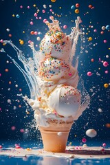 Frozen Moment of Explosive Joy and Indulgence in an Abstract Ice Cream Explosion