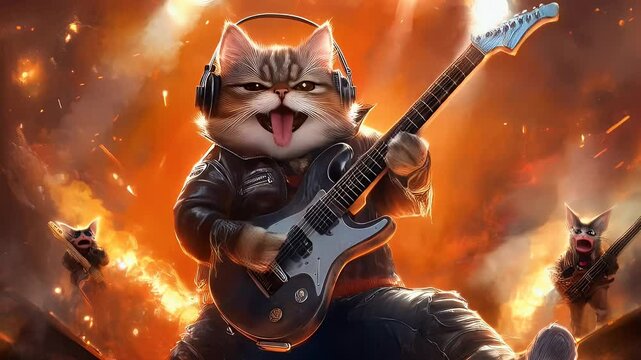 Epic rockstar cat shreds an electric guitar in a fiery concert. Adrenaline-pumping, high-energy music vibes with a rebellious feline band. Perfect for music, rock, and action themes.