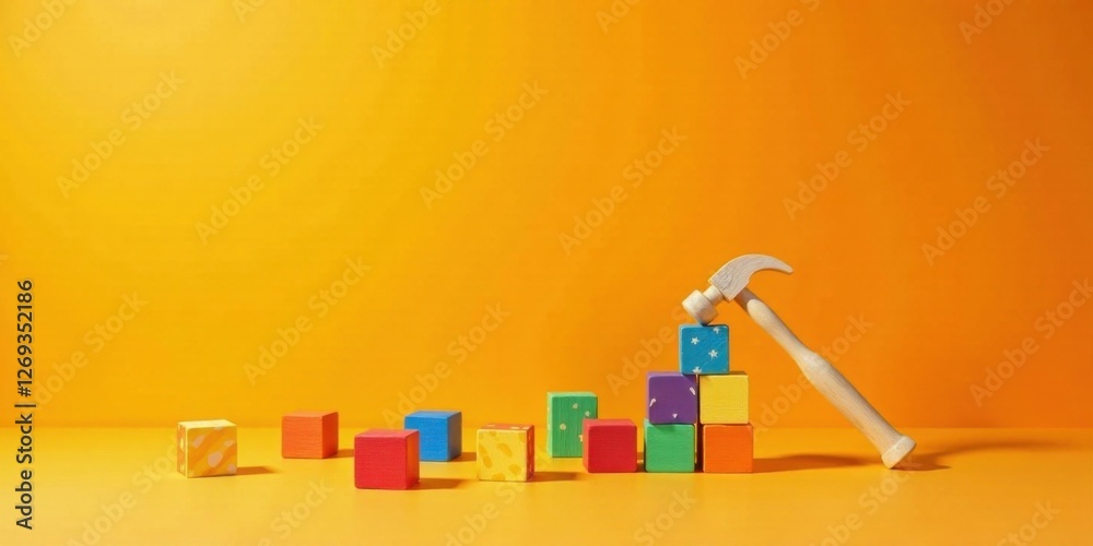 Poster Colorful Blocks and Small Hammer on Vibrant Yellow Background A Conceptual Image of Construction and Growth
