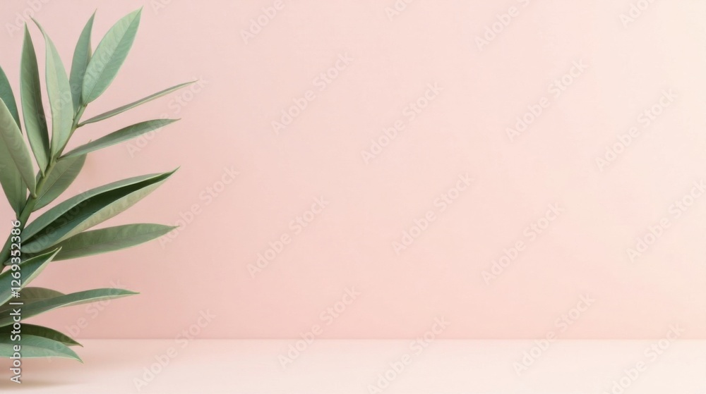 Poster A Gentle Branch of Lush Green Leaves Against a Soft Pink Background, Creating a Serene and Minimalist Scene Ideal for Various Applications