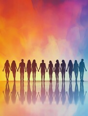Obraz premium Silhouette of a group of people holding hands. Colorful background.