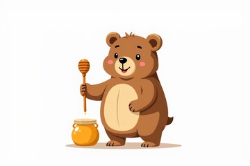 Obraz premium Cute bear with honey pot holds a honey dipper, exuding charm and playfulness. Concept showcases bear with honey pot, ideal for children's themes and nature illustrations.