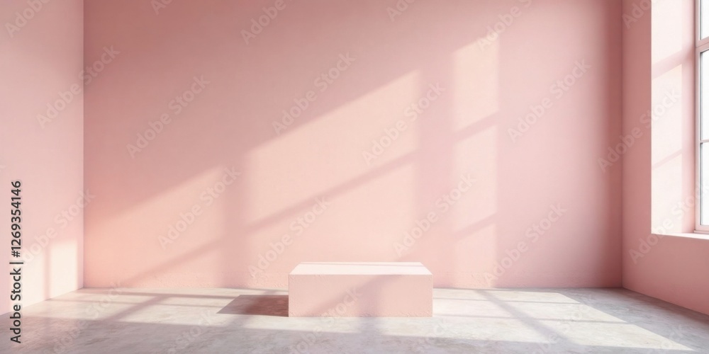 Aufkleber empty pink room with a pale platform and sunlight streaming through a window