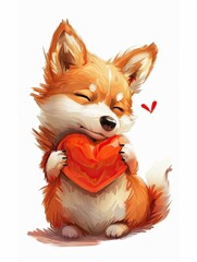 Heartfelt dog cuddling a heart, illustration clipart, offering a tender and sweet expression of love and warmth.