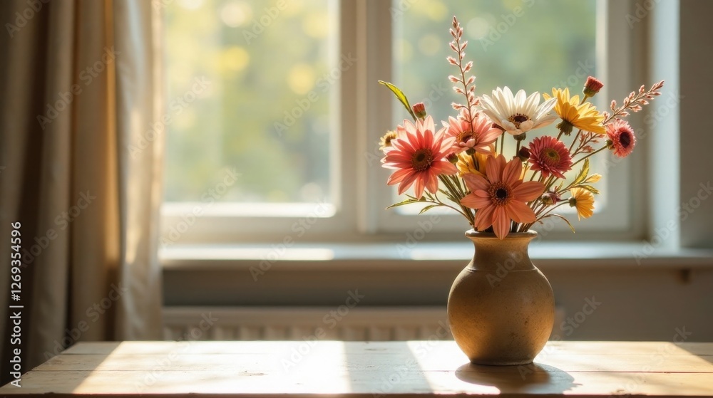 Poster sunlit floral arrangement in a rustic vase on a wooden table by a window