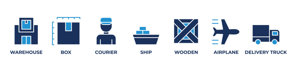 Comprehensive Supply Chain icons set vector illustration with WAREHOUSE, BOX, COURIER, SHIP, WOODEN, AIRPLANE, DELIVERY TRUCK