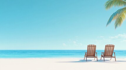 Tropical beach with lounge chairs