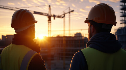 The golden hour casts warm light on a construction worker and a manager reviewing site progress, with cranes and unfinished buildings forming the backdrop.