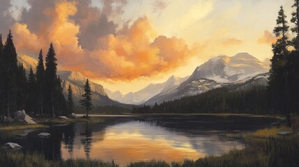 Serene sunset over mountain lake, reflecting vibrant clouds and snow-capped peaks.