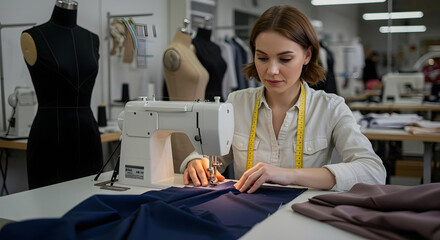 Obraz premium Woman, sewing machine and textile production in studio or manufacturing clothes, small business or fabric. Female person, tailor and creative entrepreneur in workshop for fashion, pattern or handmade