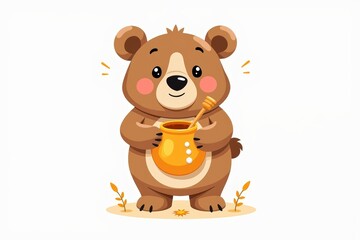 Fototapeta premium Cute bear with honey pot smiling happily, holding honey dipper. Concept features bear with honey pot, symbolizing sweetness and joy in nature's bounty.