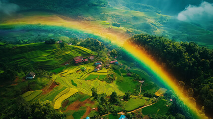 Obraz premium Breathtaking aerial view of a lush green valley with a vibrant rainbow, symbolizing nature’s beauty, harmony, and hope, perfect for travel, inspiration, and environmental themes
