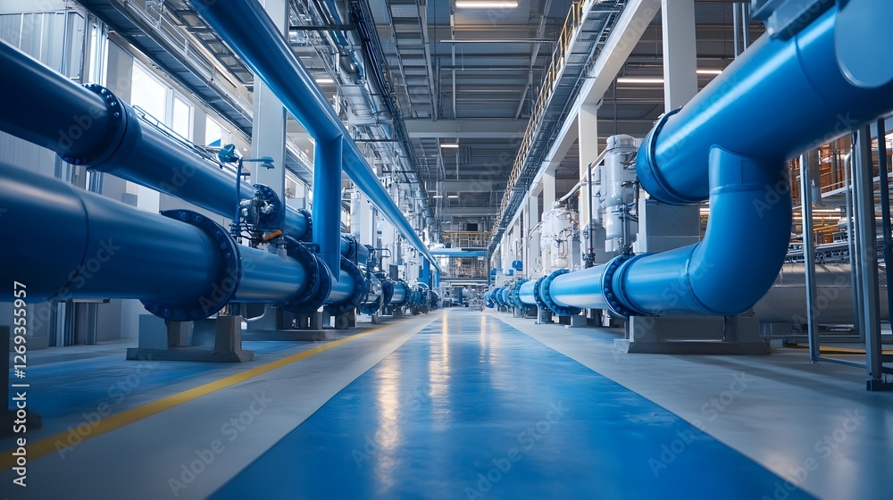 Wall mural A long blue pipe with a yellow line on the floor. The pipes are connected to each other and are arranged in a row