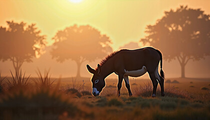 Naklejka premium Tranquil Donkey Grazing in Golden Sunrise Field Landscape
