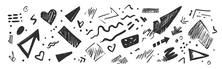 Fototapeta premium Black, hand-drawn doodle symbols of arrows, shapes, and letters png