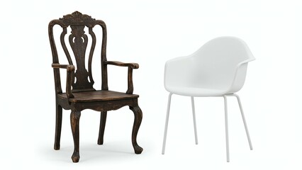 Old vs New Wooden Carved Chair and Modern White Chair