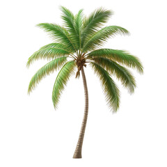 Obraz premium A tall palm tree with a long trunk and green leaves. The tree is the main focus of the image and it is standing alone in a white background. Concept of calmness and serenity