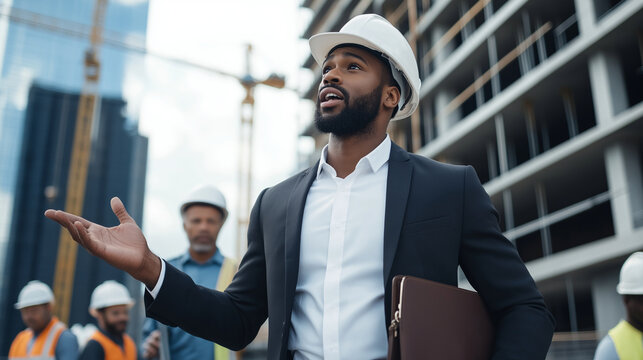 An architect with a business briefcase and hard hat gestures toward the building structure while explaining the project to a group of workers on a busy construction site.