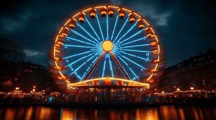 Illuminated Ferris wheel at night, city reflection, winter fair