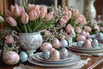 Easter bunny and easter eggs on white table, serving of Easter table
