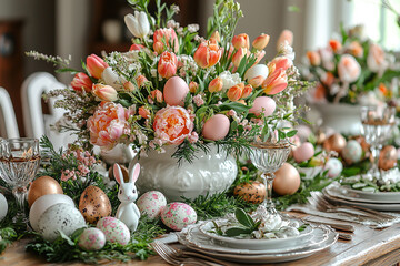 Easter bunny and easter eggs on white table, serving of Easter table