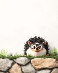 Fototapeta premium Cute hedgehog with glasses sitting on a stone wall