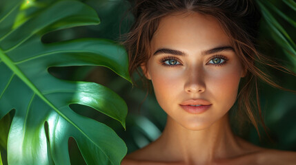 Young woman with perfect skin posing near large green monstera leaves, embodying natural beauty and wellness