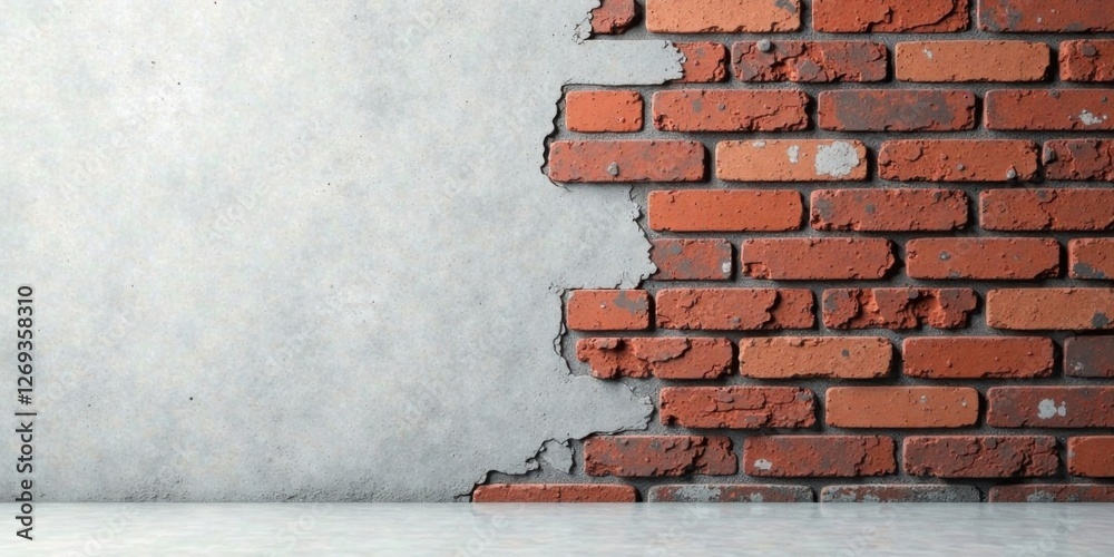 Poster a rustic scene featuring a weathered brick wall and a smooth concrete surface, perfect for product p