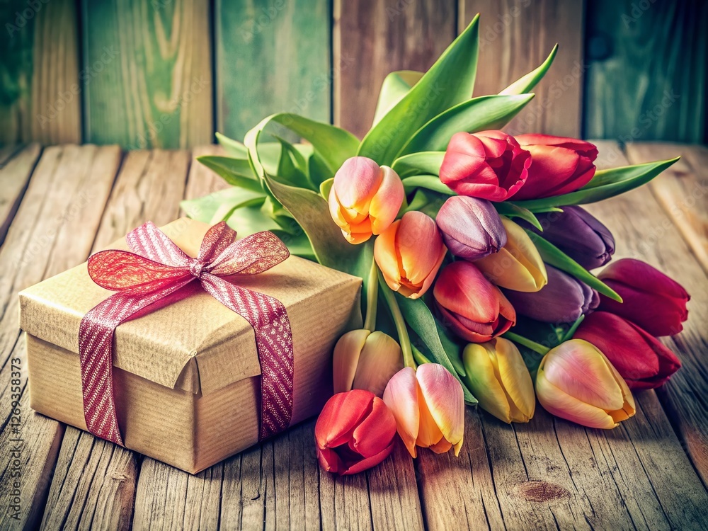 Wall mural Vintage Still Life: Tulips and a Gift Box, Spring Flowers, Retro Photography