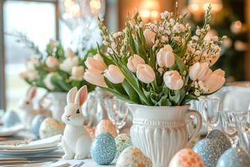 Easter bunny and easter eggs on white table, serving of Easter table