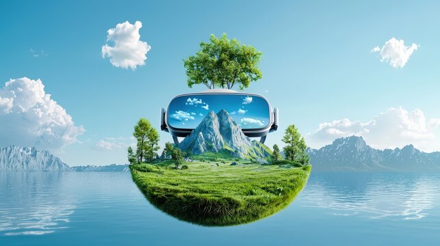 3D rendering of a virtual reality headset displaying an immersive 360-degree landscape, showcasing the advanced technology of 360-degree photography, clean, positive professional stock - Powered by Adobe