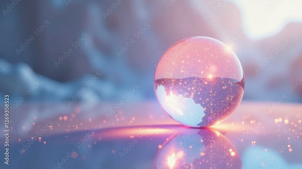 Aufkleber a shimmering sphere rests on a reflective surface, illuminated by soft, ethereal light, creating a m