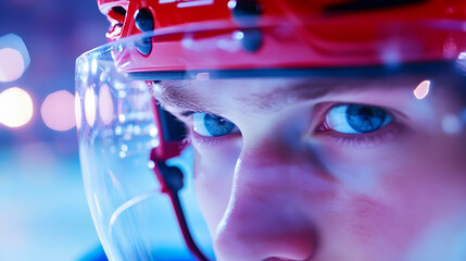 A young ice hockey player focuses intently while gearing up in a bright arena