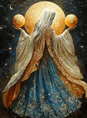 Celestial Woman Holding Golden Spheres Amidst Starry Night Radiating Cosmic Beauty and Grace