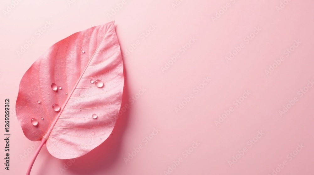 Poster Pink Leaf with Dewdrops on a Pastel Background A Serene Minimalist Image for Design Projects