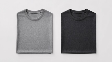 Folded t-shirts in gray and black on white background