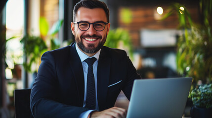 Fototapeta premium Confident businessman smiling while working on a laptop in a modern office, perfect for corporate branding and professional networking content