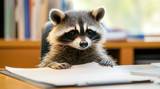 Raccoon in office, reviewing documents