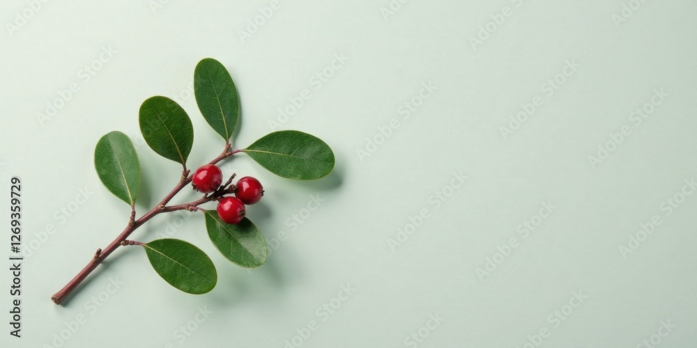 Poster A sprig of vibrant green leaves adorned with a cluster of ripe red berries rests gracefully on a pale green background, creating a simple yet elegant composition.