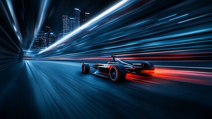 Futuristic race car speeding through a city at night