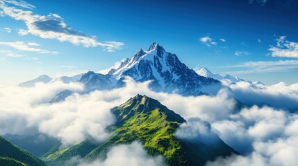 Breathtaking view of majestic mountains towering above fluffy clouds under a brilliant blue sky, perfect for inspiring travel imagery.