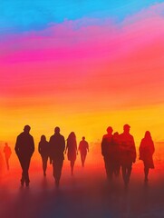 Fototapeta premium Silhouettes of diverse people walking against a vibrant, abstract sunset background