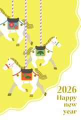 Illustration of horse and pine, bamboo, plum and horse. 2026 nengajo vertical.

