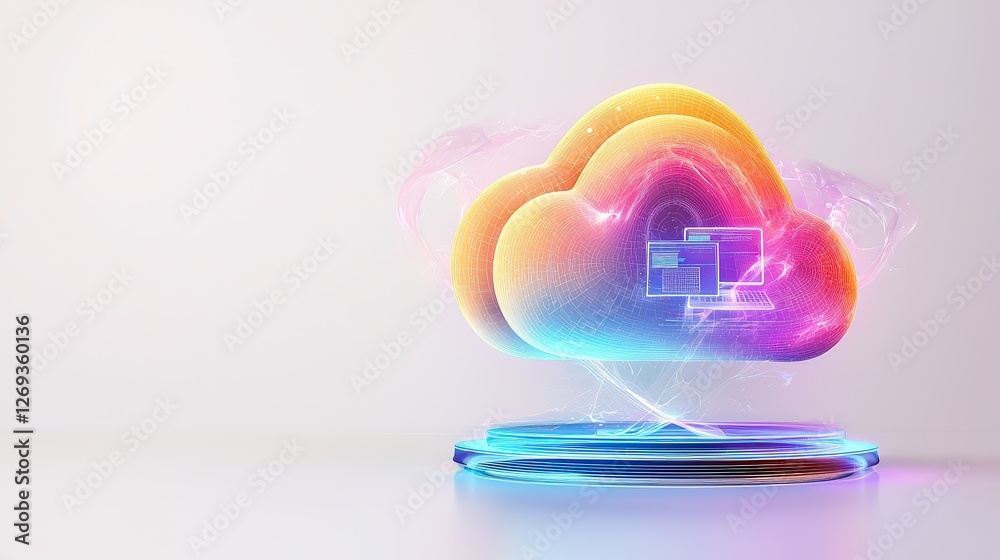 Poster a 3d render of an ai cloud service icon, symbolizing cloud computing with a supercomputer in a minim