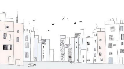 Cityscape Sketch with Birds Flying Above Simple Buildings and Cars on Road in a Sunny Day Scene