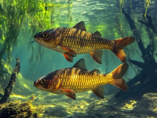 Twin fish swimming gracefully in their aquatic habitat's serene depths