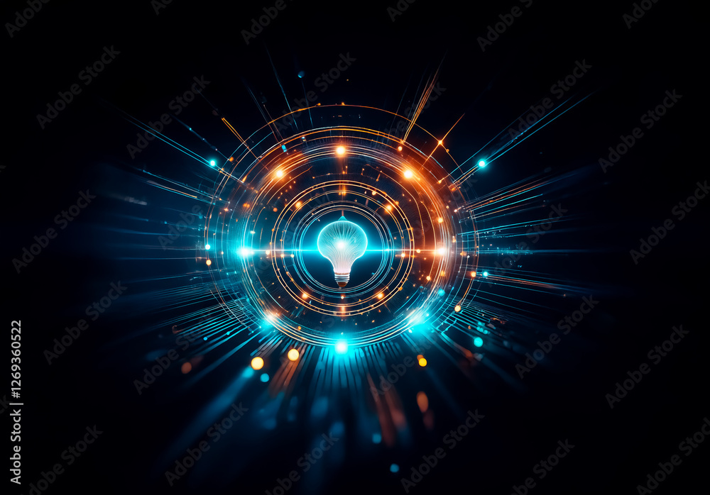 Poster Abstract image of a glowing light bulb at the center surrounded by concentric circles and vibrant particles of blue and orange hues on a dark backdrop, representing an idea or innovation.