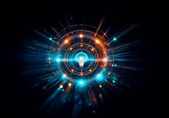 Fototapeta premium Abstract image of a glowing light bulb at the center surrounded by concentric circles and vibrant particles of blue and orange hues on a dark backdrop, representing an idea or innovation.