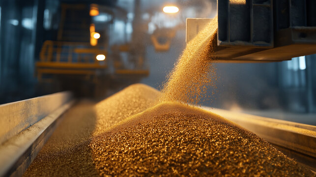 A detailed close-up of golden sand being carefully funneled from a conveyor belt onto large storage piles, while industrial machinery works in the background to optimize production
