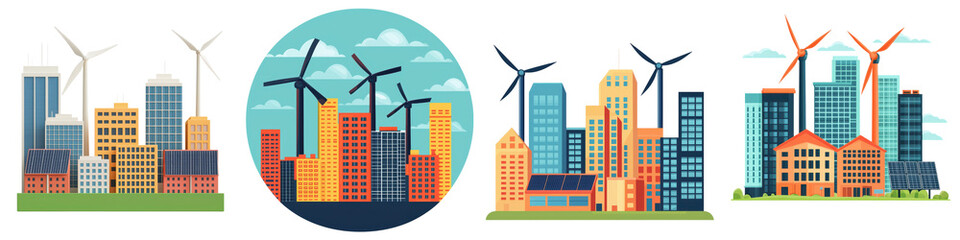 Modern urban cityscape with tall skyscrapers office buildings and residential towers surrounded by renewable energy infrastructure like wind turbines and solar panels